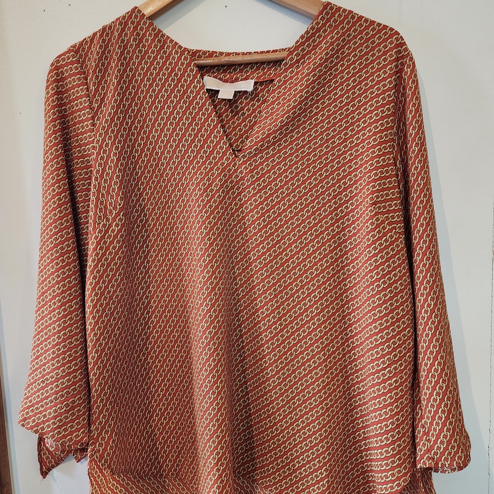 Michael Kors Rust and Cream Patterned V-Neck Tunic